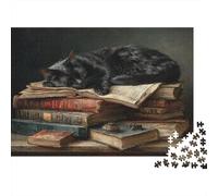 Chat Noir endormi sur Un tas Livres |Style collège Sombre| Puzzles Amusants en Famille 1000pcs (75x50cm) Adultes