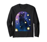 Chat Noir Fireflies Lover Halloween Cottagecore Starry Night Manche Longue