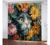 Chat Noir Fleurs Rideau Occultant Oeillet Polyester 3D Chambre Rideaux Thermique Isolant Anti Froid Dessin Animé Art Rideau Chambre Enfant Ado Fille Garcon （234x183 cm）