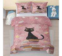 Chat Noir Housse de Couette 155x220 - Animal Dessin Animé Parure de Lit 3 Pièces en Microfibre - Enfants Livres Rose Parure de Lit 1 Personne avec Fermeture Éclair avec 2 Taies d'oreiller 80x80 Ls50