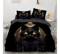 Chat Noir Housse de Couette Mignon Chat Parure de Lit 3D Noir Chat Imprimé Motif Microfibre Housse de Couette avec 2 Taies d'oreiller 65x65 cm (A05,140x200cm/65x65cm)