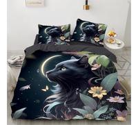 Chat Noir Housse de Couette Mignon Chat Parure de Lit 3D Noir Chat Imprimé Motif Microfibre Housse de Couette avec 2 Taies d'oreiller 65x65 cm (A02,220x240cm/65x65cm)