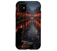 Chat Noir Japonais Sombre esthétique scène de Rue pluvieuse Coque pour iPhone 11