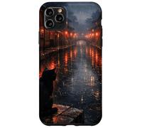 Chat Noir Japonais Sombre esthétique scène de Rue pluvieuse Coque pour iPhone 11 Pro Max