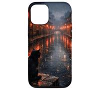 Chat Noir Japonais Sombre esthétique scène de Rue pluvieuse Coque pour iPhone 12/12 Pro