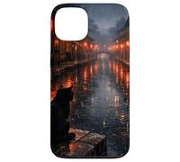 Chat Noir Japonais Sombre esthétique scène de Rue pluvieuse Coque pour iPhone 13
