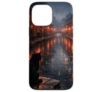 Chat Noir Japonais Sombre esthétique scène de Rue pluvieuse Coque pour iPhone 13 Pro Max