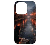 Chat Noir Japonais Sombre esthétique scène de Rue pluvieuse Coque pour iPhone 14 Pro