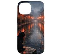 Chat Noir Japonais Sombre esthétique scène de Rue pluvieuse Coque pour iPhone 15