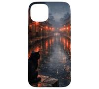 Chat Noir Japonais Sombre esthétique scène de Rue pluvieuse Coque pour iPhone 15 Plus