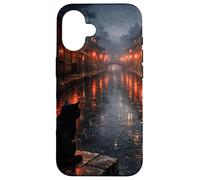 Chat Noir Japonais Sombre esthétique scène de Rue pluvieuse Coque pour iPhone 16