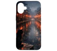 Chat Noir Japonais Sombre esthétique scène de Rue pluvieuse Coque pour iPhone 16 Plus