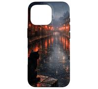 Chat Noir Japonais Sombre esthétique scène de Rue pluvieuse Coque pour iPhone 16 Pro