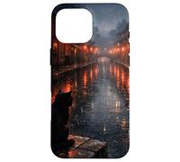 Chat Noir Japonais Sombre esthétique scène de Rue pluvieuse Coque pour iPhone 16 Pro Max