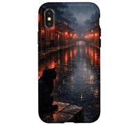 Chat Noir Japonais Sombre esthétique scène de Rue pluvieuse Coque pour iPhone X/XS