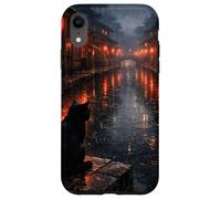 Chat Noir Japonais Sombre esthétique scène de Rue pluvieuse Coque pour iPhone XR