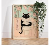 Chat Noir Japonais Sur Une Toilette Affiche De Salle De Bain Affiche De Toilette Art Mural De Chat Japonais Amoureux Des Chats Pour Salon Chambre Salle D'Étude Bureau Décoration D'Intérieur 50X70Cm