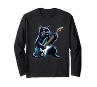 Chat Noir Jouant de la Guitare Rock and Roll Rock Star Manche Longue