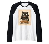 Chat Noir Kawaii Mangeant du Riz au Curry Japonais Amateur de Nourriture Manche Raglan