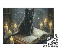 Chat Noir Livre Magique Puzzle 1000 Pièces Puzzle pour Adultes Lumière de Bougie Déco Cadeau 52x38cm/1000pcs