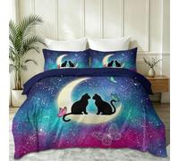 Chat Noir Lune Voie Lactée Douce Housse de Couette avec Fermeture éclair, Bleu Foncé Microfibre Parure de Lit 2 Personnes, Moderne Rêveur Réversible Couvre Lit avec 2 Taies d'oreiller, 220 x 240 cm