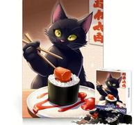 Chat Noir Mangeant des sushis avec des Baguettes Puzzle de 1000 pièces pour Adolescents Développe l'intelligence et l'habileté Idée Cadeau de Noël (50x75cm)