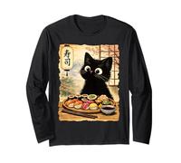 Chat Noir Mangeant des sushis Kawaii Nourriture Japonaise Chats Manche Longue