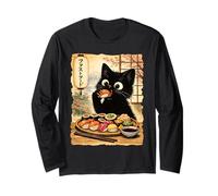 Chat Noir Mangeant des sushis Kawaii Nourriture Japonaise Chats Manche Longue