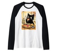 Chat Noir Mangeant des sushis Kawaii Nourriture Japonaise Chats Manche Raglan