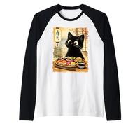 Chat Noir Mangeant des sushis Kawaii Nourriture Japonaise Chats Manche Raglan