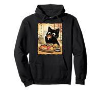 Chat Noir Mangeant des sushis Kawaii Nourriture Japonaise Chats Sweat à Capuche