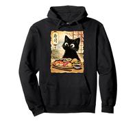 Chat Noir Mangeant des sushis Kawaii Nourriture Japonaise Chats Sweat à Capuche