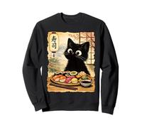 Chat Noir Mangeant des sushis Kawaii Nourriture Japonaise Chats Sweatshirt