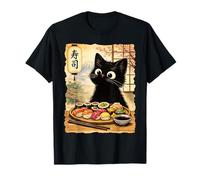 Chat Noir Mangeant des sushis Kawaii Nourriture Japonaise Chats T-Shirt