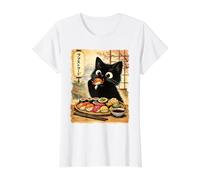 Chat Noir Mangeant des sushis Kawaii Nourriture Japonaise Chats T-Shirt Graphique avec Valeur