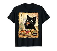 Chat Noir Mangeant des sushis Kawaii Nourriture Japonaise Chats T-Shirt Graphique avec Valeur
