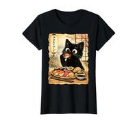 Chat Noir Mangeant des sushis Kawaii Nourriture Japonaise Chats T-Shirt Graphique avec Valeur