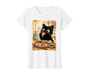 Chat Noir Mangeant des sushis Kawaii Nourriture Japonaise Chats T-Shirt Graphique avec Valeur