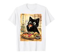 Chat Noir Mangeant des sushis Kawaii Nourriture Japonaise Chats T-Shirt Graphique avec Valeur, Homme, Blanc, M