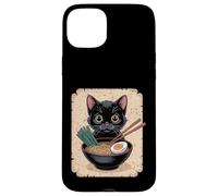 Chat Noir Mignon Mangeant des Nouilles Ramen Japonais Anime Chaton Coque pour iPhone 15 Plus