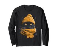 Chat Noir Portant Un Bonnet et Une écharpe, Animal d'hiver Amusant Manche Longue