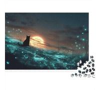 Chat Noir Puzzle 1000 Pièces Papier Océan au Crépuscule Puzzle pour Adultes Décoration Détente Cadeau 70x50cm/1000pcs