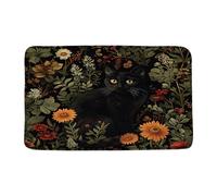 Chat Noir Rétro Fleur Animal Fleur Sauvage Gothique Vintage Feuille Plante Paillasson D'Entree Absorbant Tapis De Douche Antidérapant Welcome Paillassons pour Salon Baignoire Chambre 40X60Cm