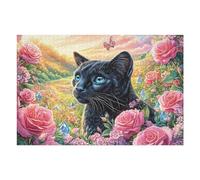 Chat Noir Rose 1000 Pièces Puzzle Adulte en Carton Rigide Haute Qualité Difficile Niveau Expert Anti-Stress Jeu De Société Idée Cadeau Anniversaire Premium 1000 PCS/75x50cm