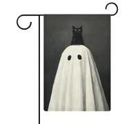 Chat noir sur feuille blanche Tête de fantôme Drapeau de jardin saisonnier Vacances en toile de jute double face Maison cour Drapeaux extérieurs 30,5 x 45,7 cm