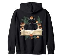 Chat Noir sur Livre Ouvert Champignons fougères Dark Academia Sweat à Capuche