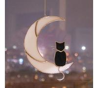 Chat Noir sur l'ornement de Maison de Lune, décoration de Cadeau pour Animaux de Compagnie Cadeau d'amant de Chat, Chat en vitrail sur la fenêtre de la Lune Suspendu Suncatcher. (20x23cm)