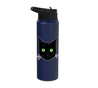Chat noir surpris aux yeux verts visage de chat noir Stainless Steel Insulated Water Bottle