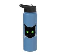 Chat noir surpris aux yeux verts visage de chat noir Stainless Steel Insulated Water Bottle