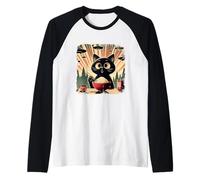 Chat Noir surpris Mangeant du Riz tandis Que l'OVNI envahit Le Japon rétro Manche Raglan
